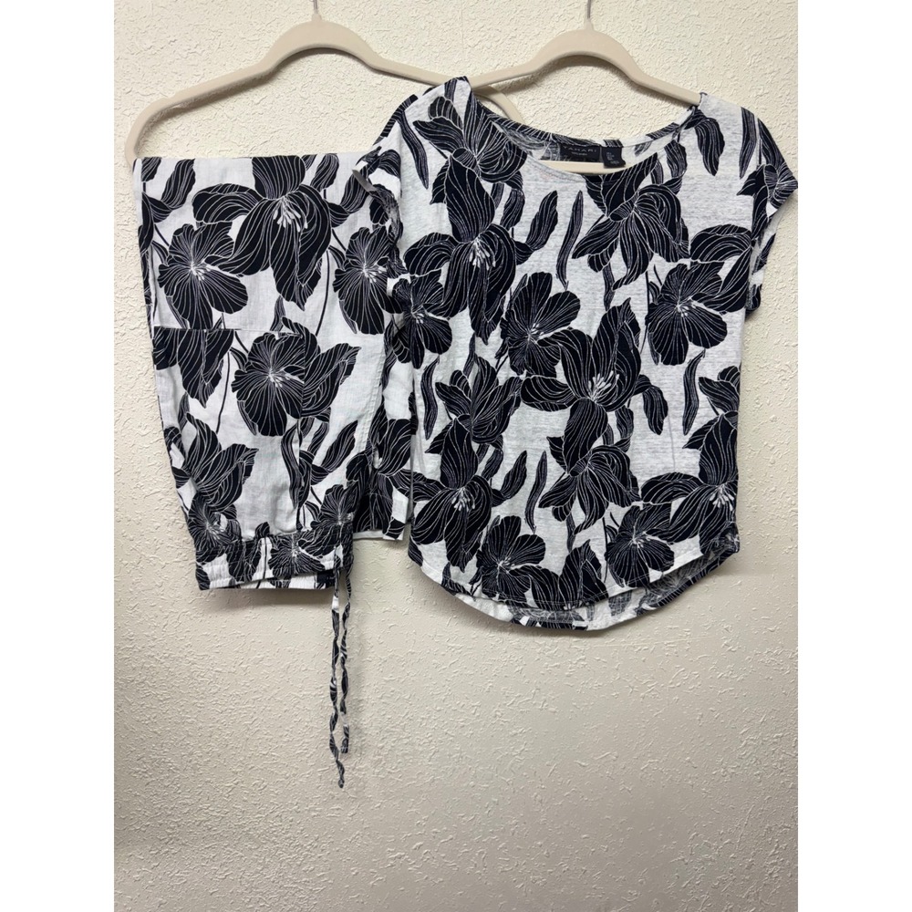 Tahari Womens 100% Linen Floral 2 Piece Set Top L Pants M Black White Resort